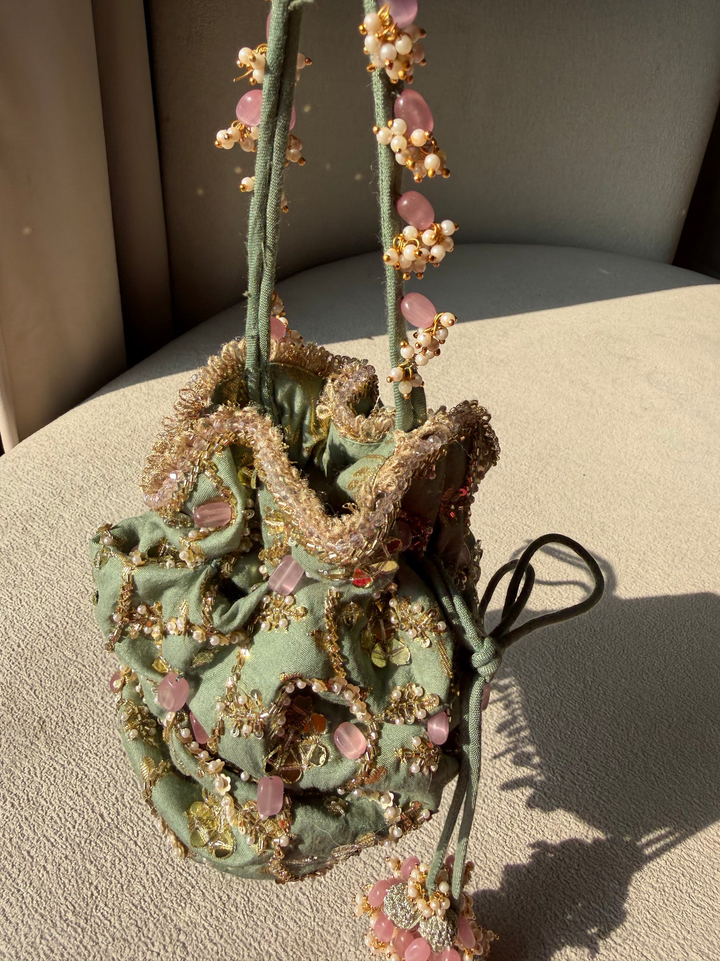 Pista Green Hand Embroidered Potli Bag