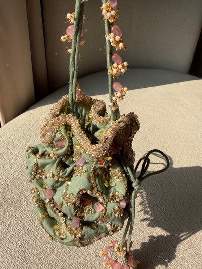 Pista Green Hand Embroidered Potli Bag