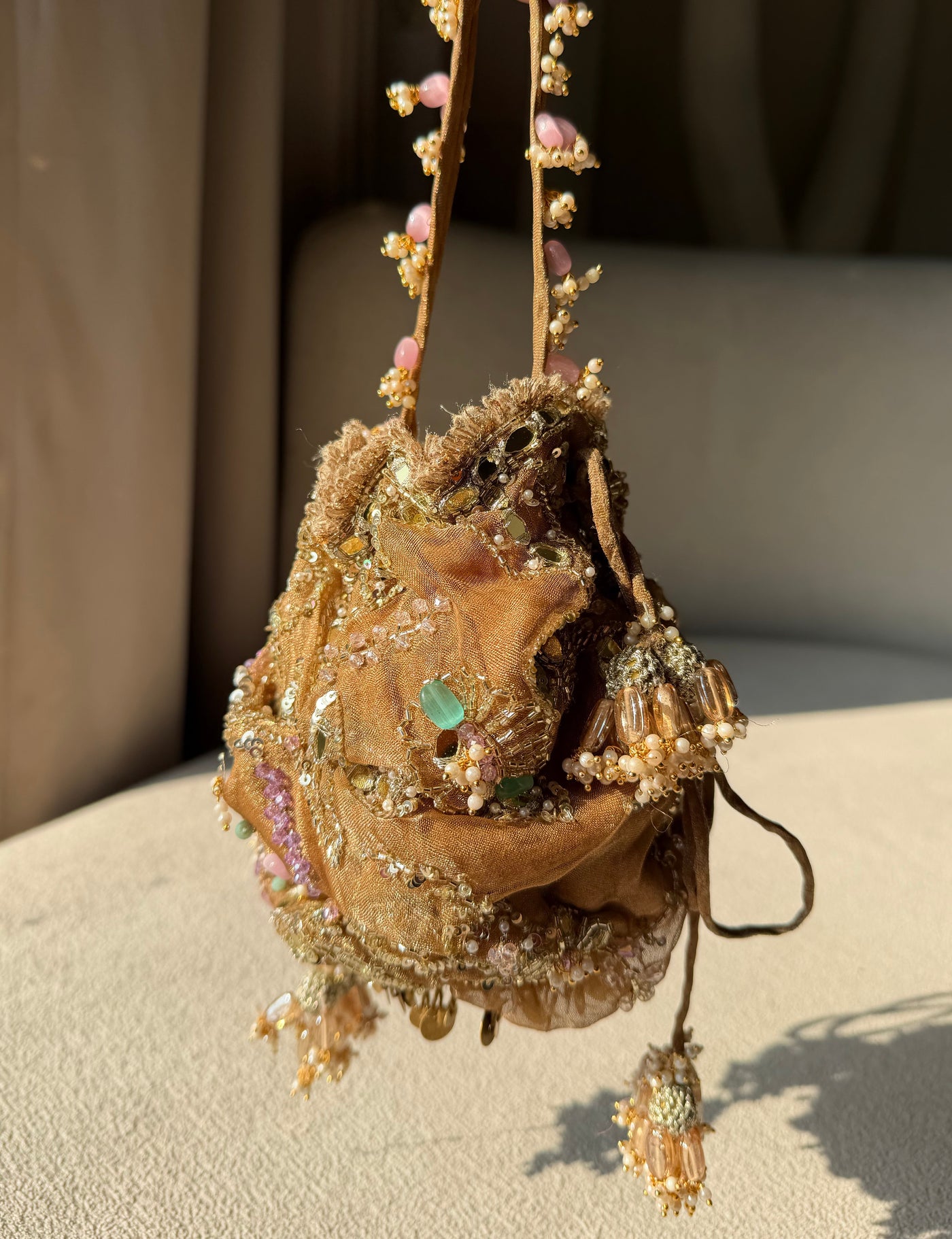 Gold Tissue Hand Embroidered Potli Bag