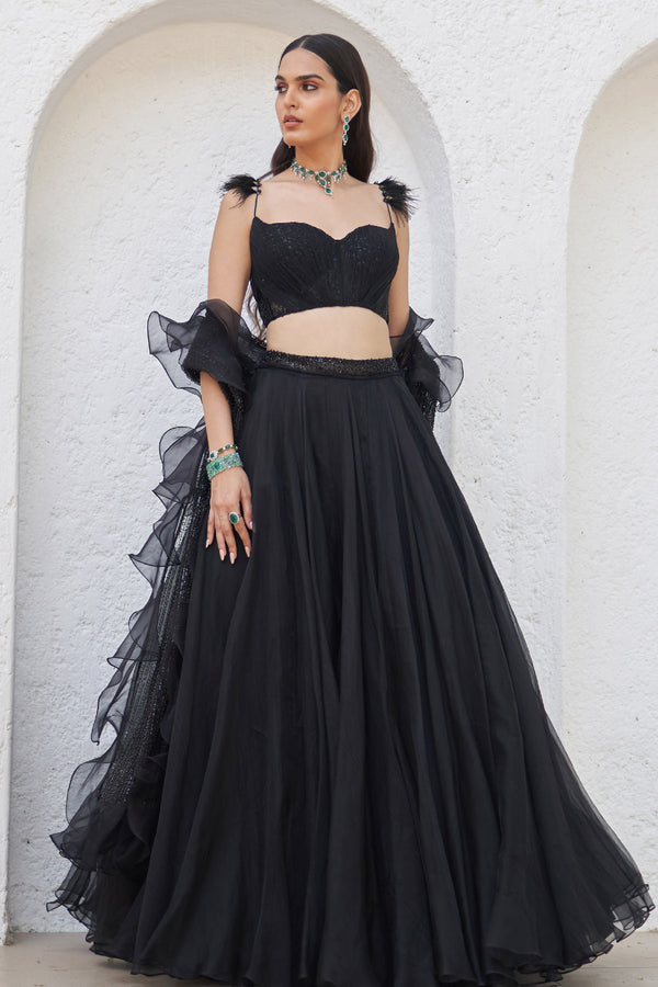 Aafreen Embroidered Lehenga Set With Ruffle Dupatta And Gloves