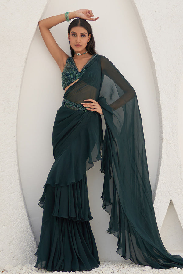Tamia Ruffled Pre-Stitched Saree With Belt