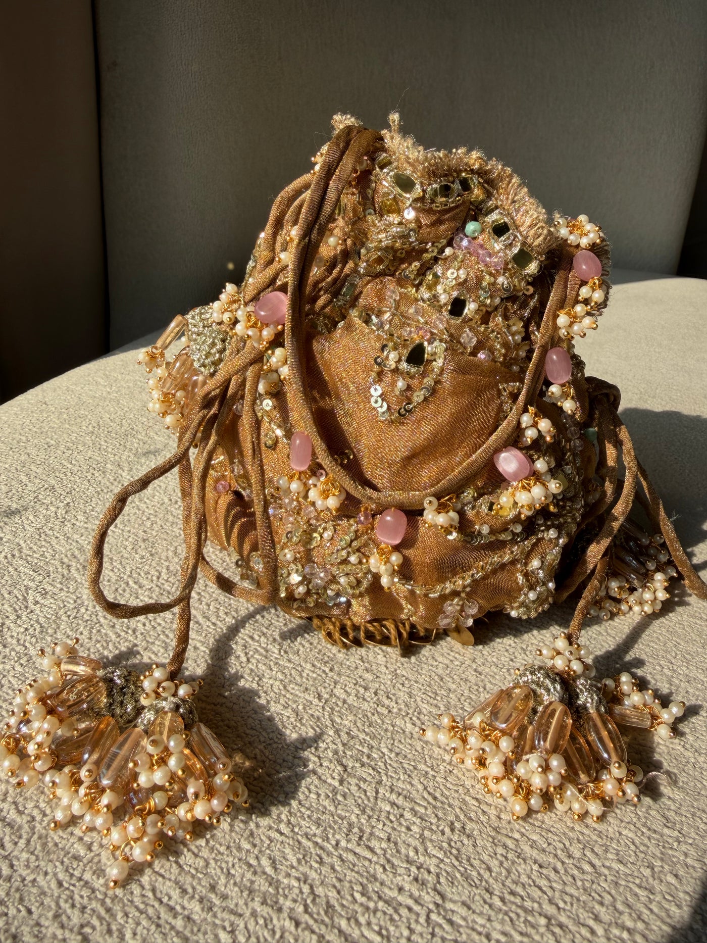 Gold Tissue Hand Embroidered Potli Bag
