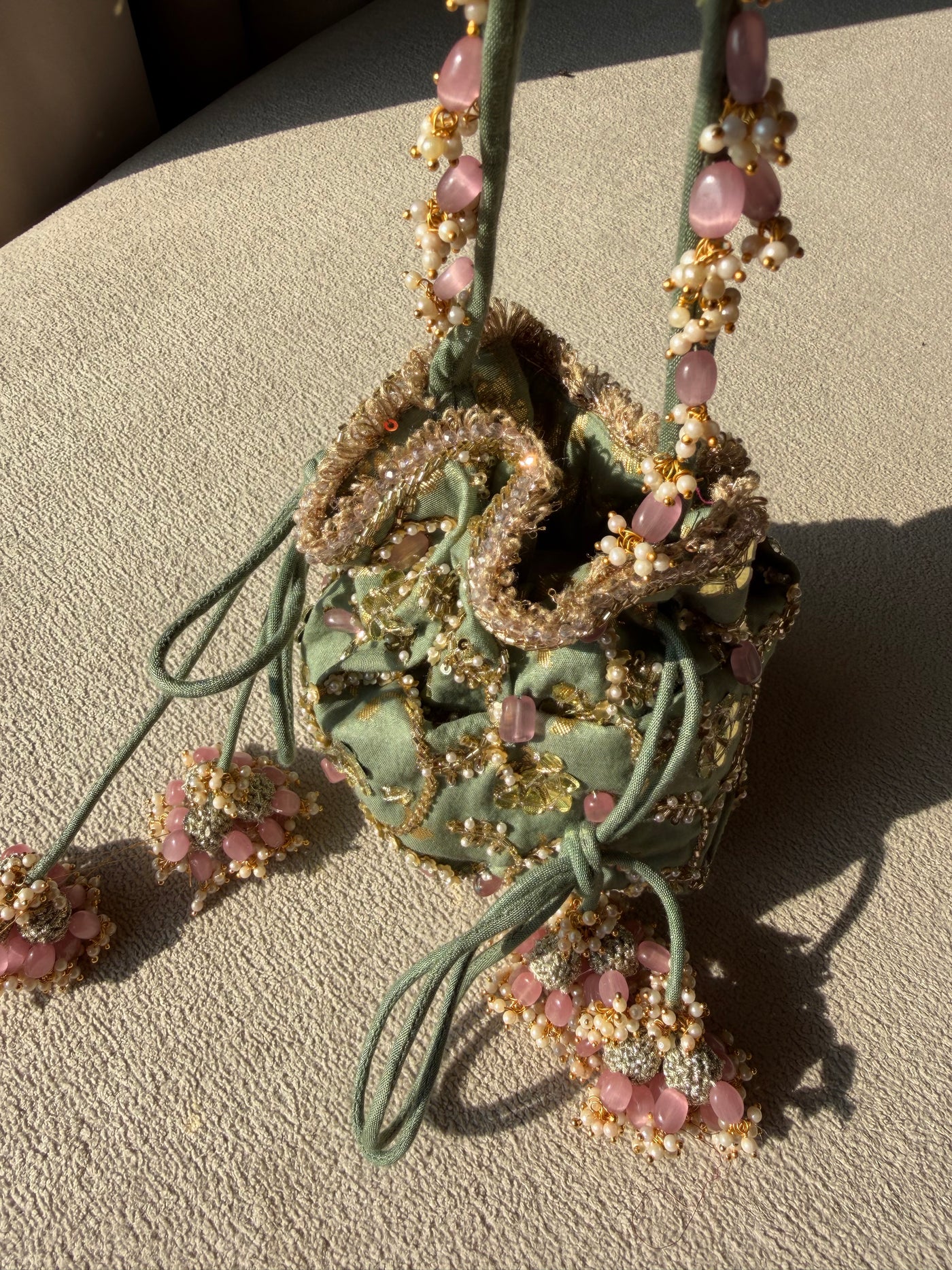 Pista Green Hand Embroidered Potli Bag