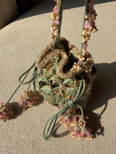 Pista Green Hand Embroidered Potli Bag
