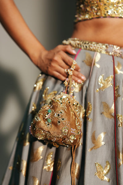 Gold Tissue Hand Embroidered Potli Bag