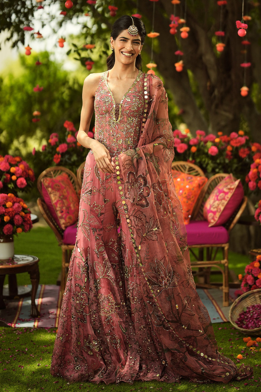 Mahima Mahajan | FALAK-RTS | Heavy Embroidered Corset Top And Dupatta With Embroidered Flared Gharara Fabric: Organza Color: Warm Bubblegum No. Of