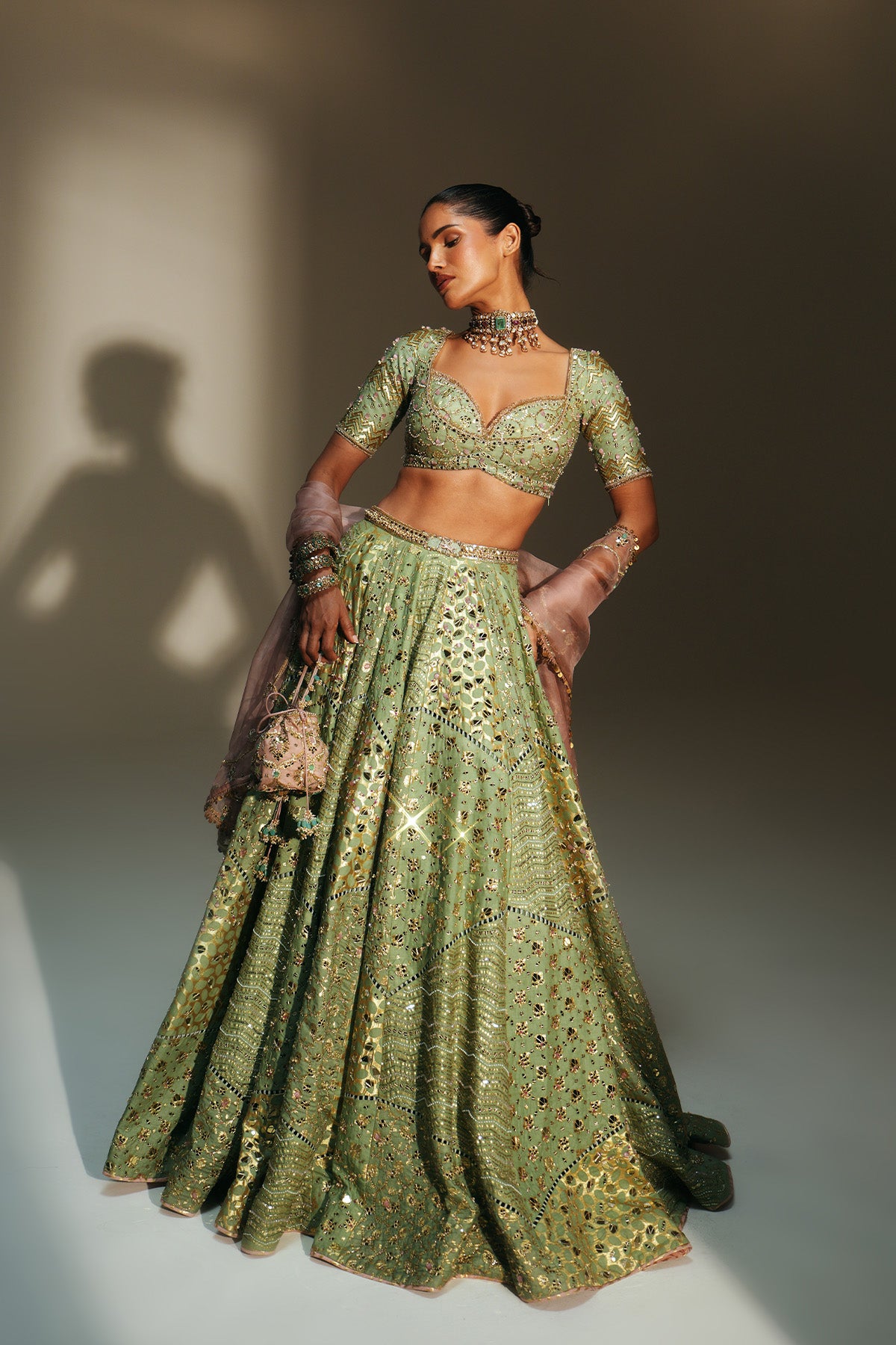 Blush Hand Embroidered Potli Bag with turquoise stones