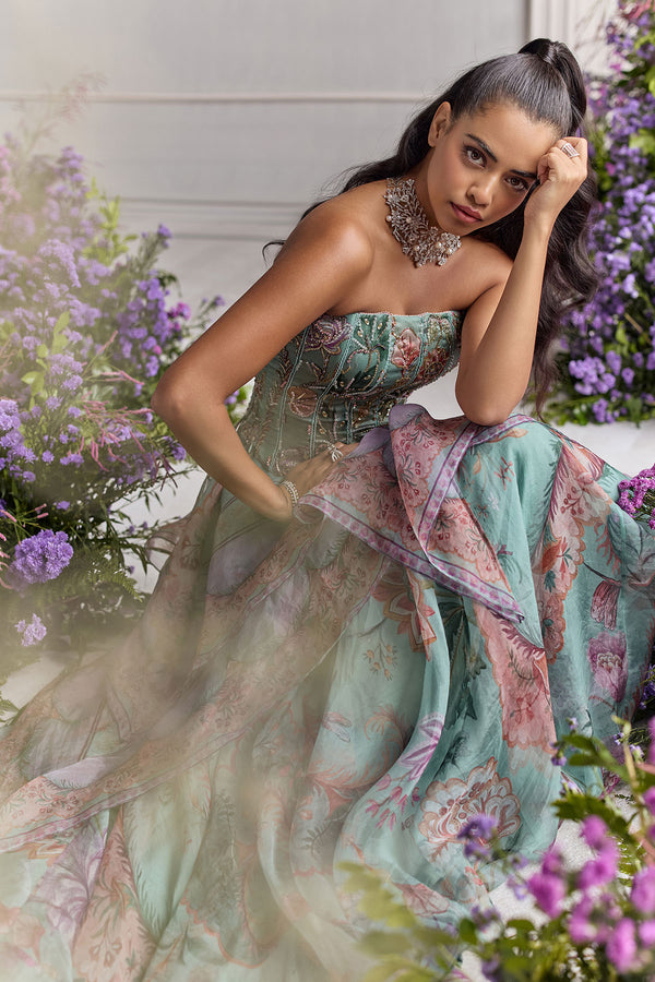 Shakira Corset Top With Floral Asymmetrical Skirt