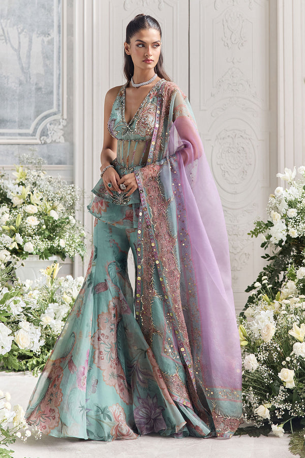 Hawa Floral Sharara Set With Embroidered Panelled Peplum Kurta