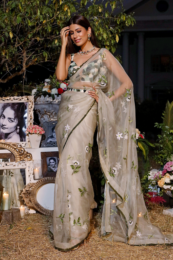 Jade Heavy Embroidered Organza Saree With Peticoat