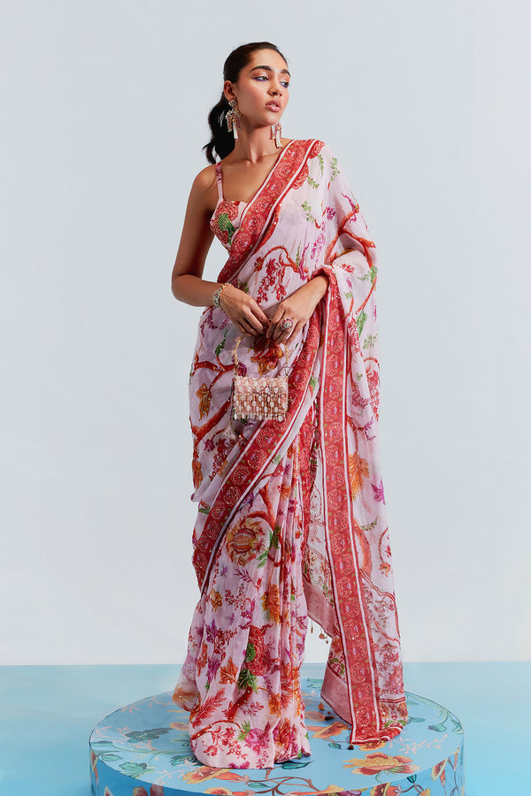 Aisha Organza Embroidered Stitched Saree