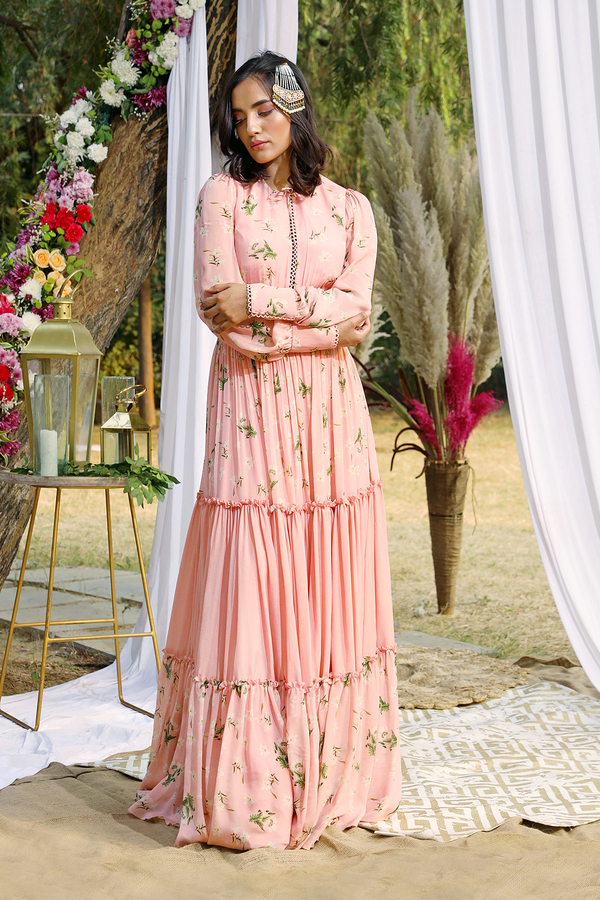 Light Blush Printed Tiered Long Dress