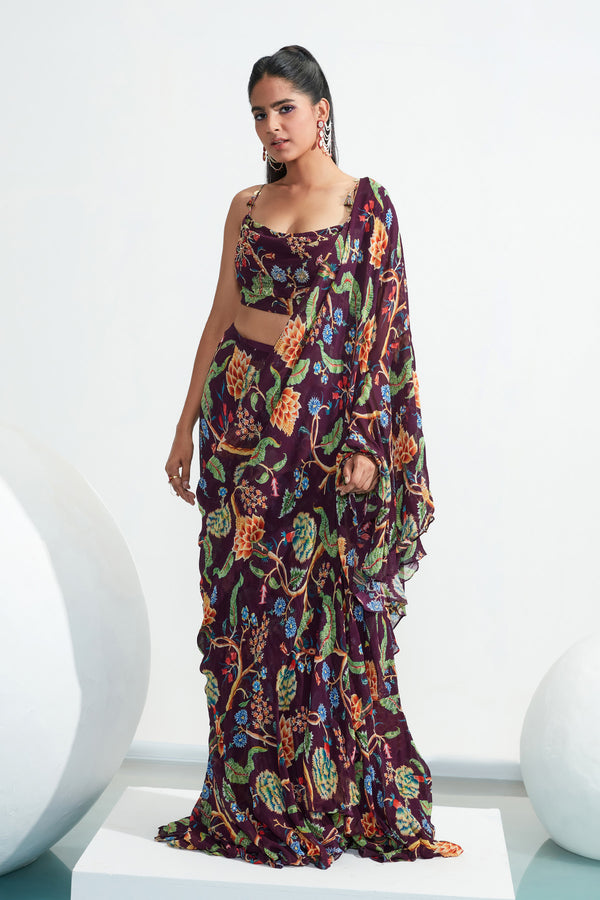 Habiba Printed Georgette Ruffle Stitched Saree