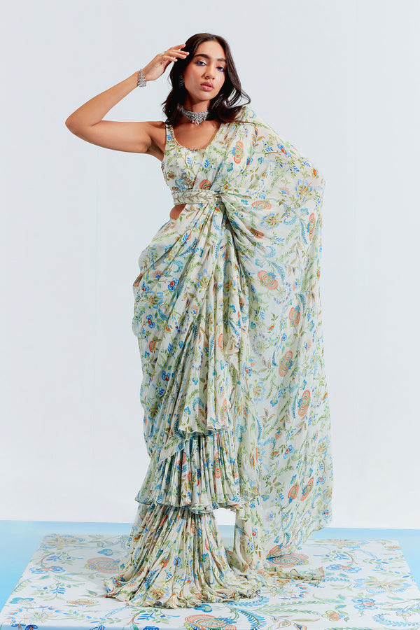 Amani Printed Ruffle Stitched Saree