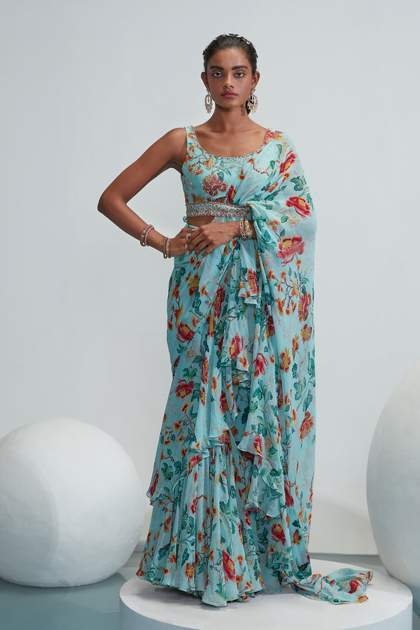 Amani Printed Georgette Ruffle Stitched Saree