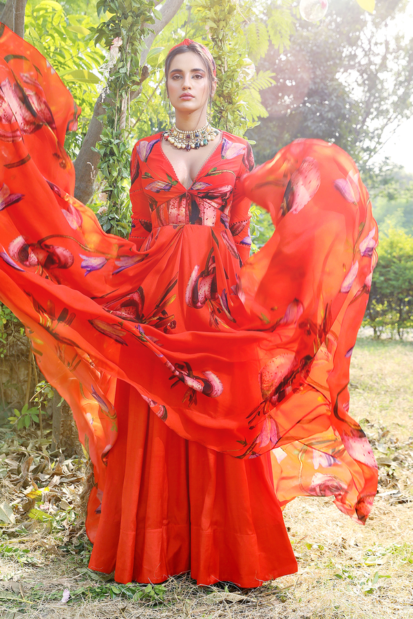 Orange Printed Chinoon Anrakali Set