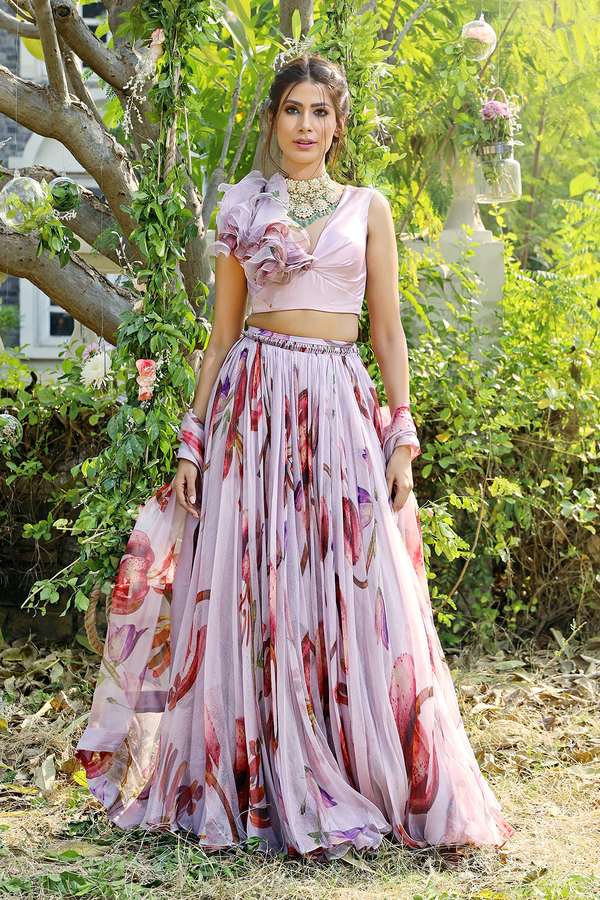 Lilac Printed Organza Lehenga Set