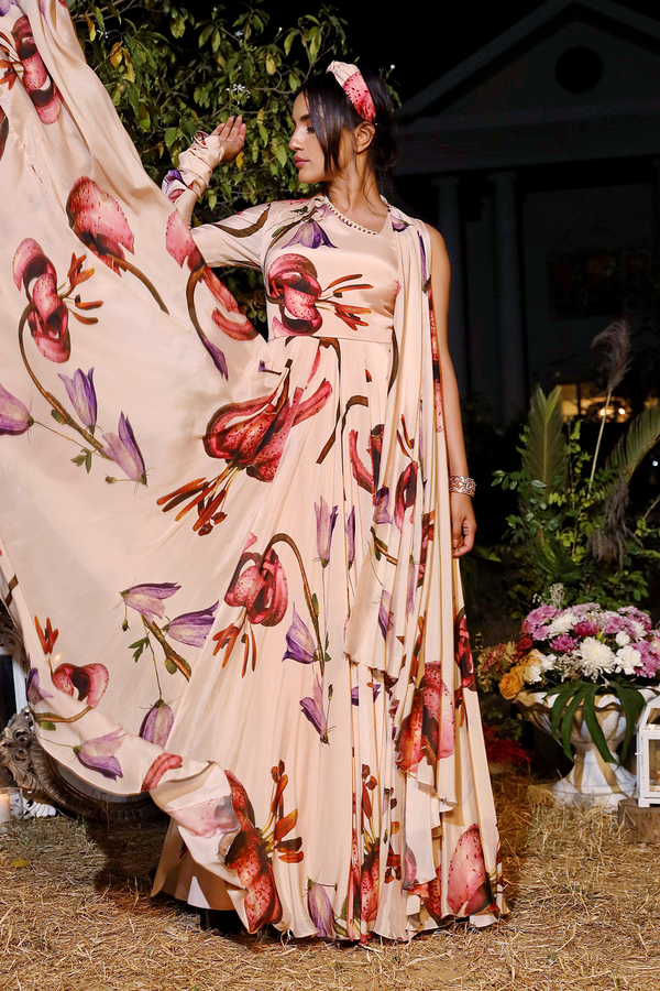 Nude Printed One Side Attached Dupatta Anarkali