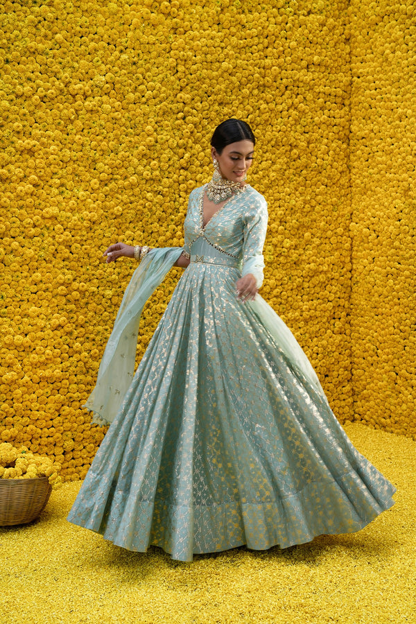 Heer  Banarsi Chanderi  Anarkali Set With Belt