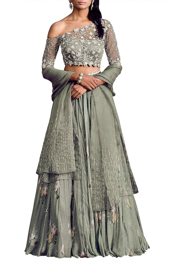 Olive One-Off Shoulder Heavy Embelished Blouse Lehenga Set